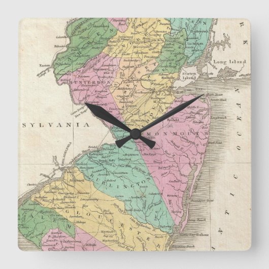 ヴィンテージニュージャージーの地図（1827年） スクエア壁時計 (正面)
