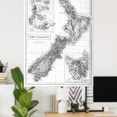 ヴィンテージニュージーランドの地図（1854年）BW ポスター (ホームオフィス)