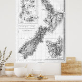 ヴィンテージニュージーランドの地図（1854年）BW ポスター (キッチン)