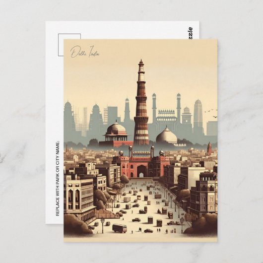 ヴィンテージニューデリー、インド旅行水の色レトロ ポストカード (正面/裏面)