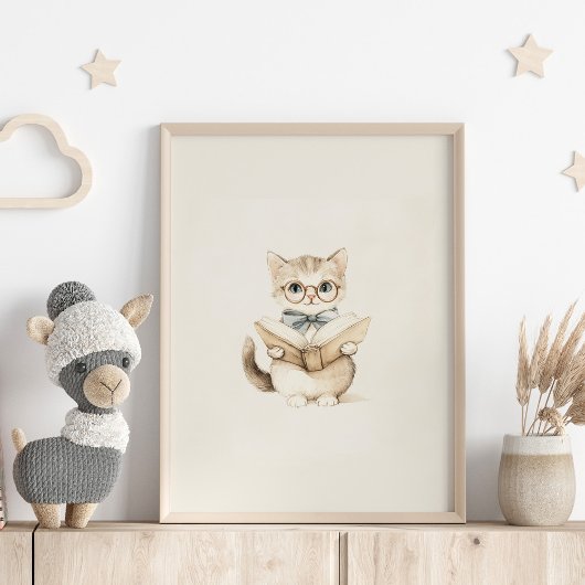 ヴィンテージニュートラルかわいい子猫と本子供部屋アート ポスター