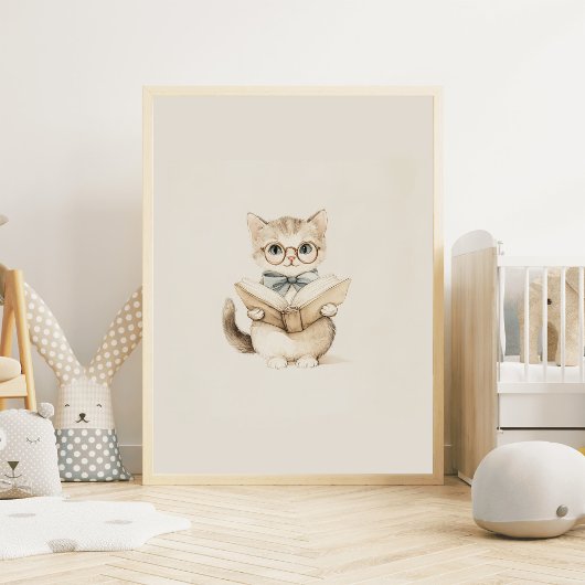 ヴィンテージニュートラルかわいい子猫と本子供部屋アート ポスター