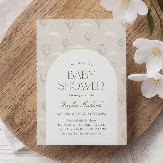 ヴィンテージニュートラルホットエアバルーン赤ちゃんシャワー 招待状