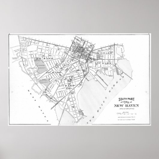 ヴィンテージニューヘブンコネチカットの地図(1893) BW ポスター (正面)