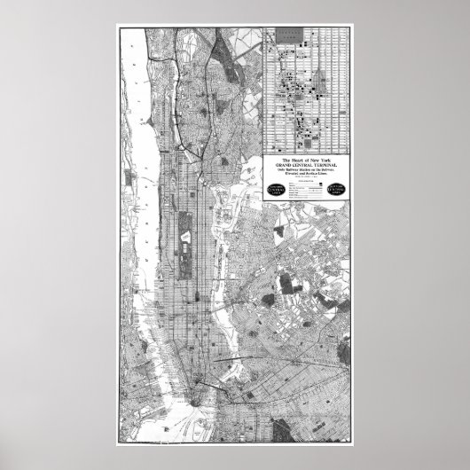 ヴィンテージニューヨークの地図(1918)BW ポスター (正面)