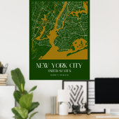 ヴィンテージニューヨークシティの地図 – スタイリッシュグリーンと金ゴールド ポスター (ホームオフィス)
