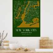 ヴィンテージニューヨークシティの地図 – スタイリッシュグリーンと金ゴールド ポスター (キッチン)