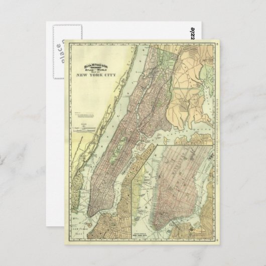ヴィンテージニューヨークシティマンハッタンの地図 ポストカード (正面/裏面)