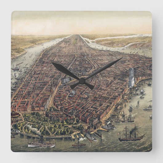 ヴィンテージニューヨークシティマンハッタンブルックリンブリッジ スクエア壁時計 (正面)