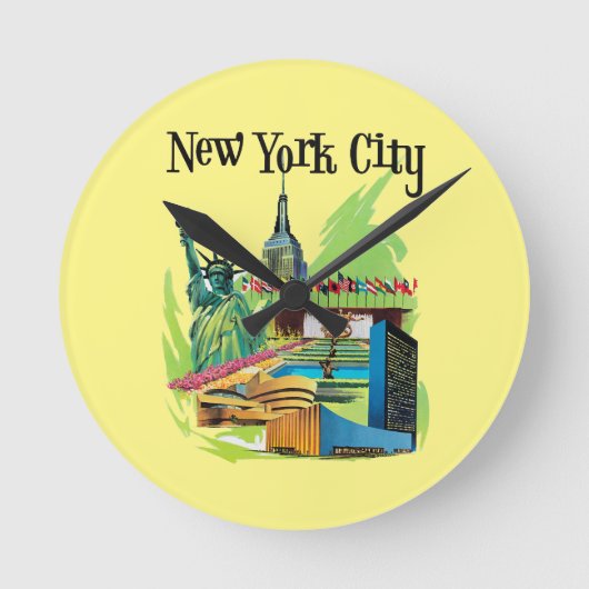 ヴィンテージニューヨーク市自由旅行アートの像 ラウンド壁時計 (正面)