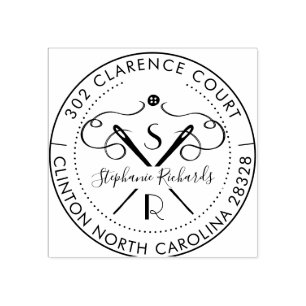 ヴィンテージニードルおよびスレッドクレストモノグラムおよびアドレス ラバースタンプ