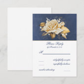 ヴィンテージネイビーと金ゴールドフローラ結婚式RSVP 出欠カード (正面/裏面)