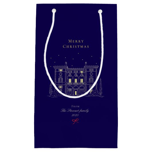 ヴィンテージネイビーエレガントブルークリスマスホリデー スモールペーパーバッグ (正面)