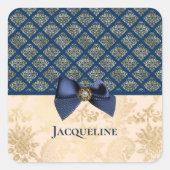 ヴィンテージネイビーエレガント金ゴールドダマスクの名前 スクエアシール (正面)