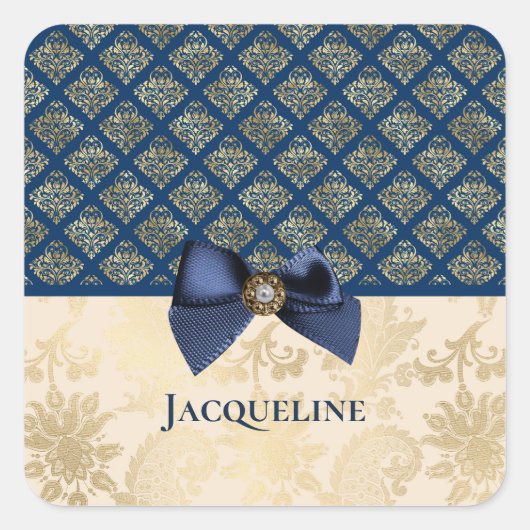 ヴィンテージネイビーエレガント金ゴールドダマスクの名前 スクエアシール (正面)