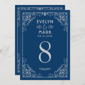 ヴィンテージネイビーシルバーアートデコウェディングテーブルナンバー 招待状 (正面/裏面)