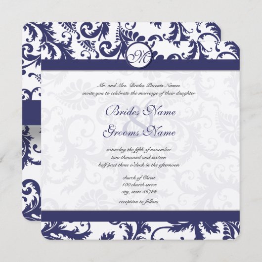 ヴィンテージネイビーダムスクースワーズ結婚式招待状 招待状 (正面/裏面)