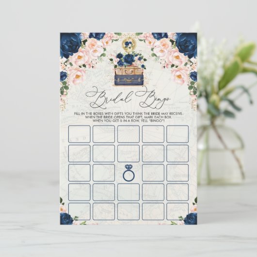 ヴィンテージネイビートラベルブライダルシャワービンゴゲームカード 招待状 (スタンド正面)