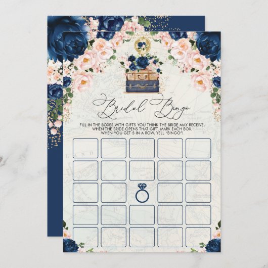 ヴィンテージネイビートラベルブライダルシャワービンゴゲームカード 招待状 (正面/裏面)