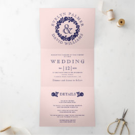 ヴィンテージネイビーバラリース赤面結婚ピンク 三つ折り招待状