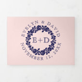 ヴィンテージネイビーバラリース赤面結婚ピンク 三つ折り招待状 (カバー)