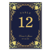 ヴィンテージネイビーフェイクブルーエレガント金ゴールド結婚スクリプト テーブルナンバー (正面)