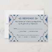 ヴィンテージネイビーブルーとシルバー結婚アールデコ 出欠カード (正面)