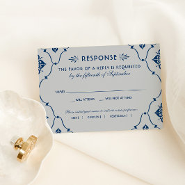 ヴィンテージネイビーブルーとシルバー結婚アールデコ 出欠カード