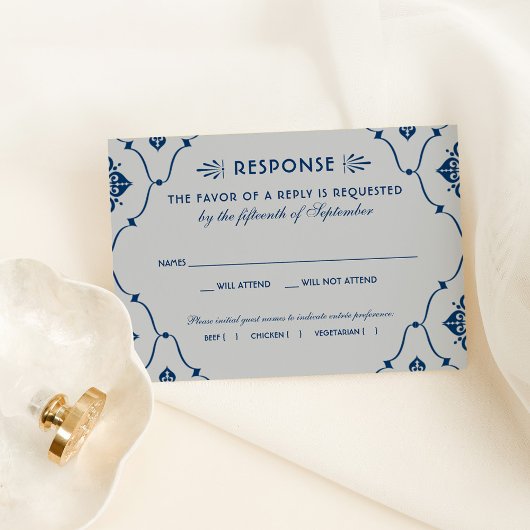 ヴィンテージネイビーブルーとシルバー結婚アールデコ 出欠カード