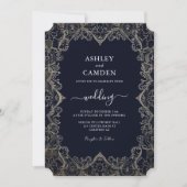 ヴィンテージネイビーブルーとレース結婚ズ 招待状 (正面)
