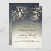 ヴィンテージネイビーブルーと金ゴールドフローラ婚約パーティ 招待状 (正面/裏面)