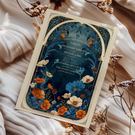 ヴィンテージネイビーブルーアールヌーボー結婚ズ 招待状