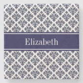 ヴィンテージネイビーブルーウィットダマスク#3ネイビーネームモノグラム ストーンコースター (正面)