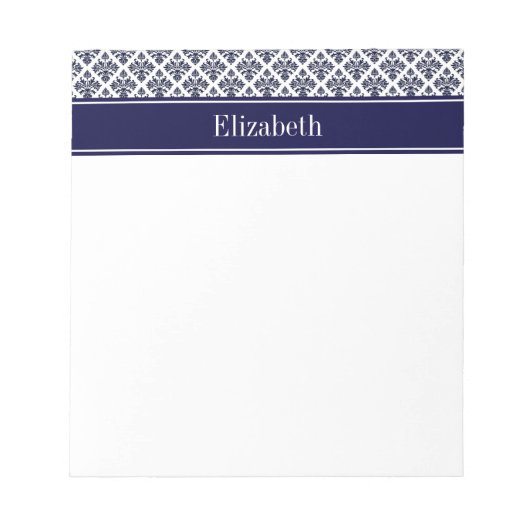 ヴィンテージネイビーブルーウィットダマスク#3ネイビーネームモノグラム ノートパッド (正面)