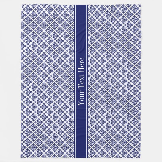 ヴィンテージネイビーブルーウィットダマスク#3ネイビーネームモノグラム フリースブランケット (正面)