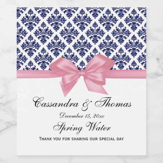 ヴィンテージネイビーブルーウエットダマスクWピンクボウ ワインラベル (シングルラベル)