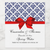 ヴィンテージネイビーブルーウエットダマスクWレッドボウ ワインラベル (シングルラベル)