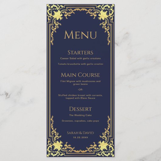 ヴィンテージネイビーブルーフェイク金ゴールドエレガントな結婚式 メニュー (正面)