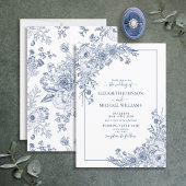 ヴィンテージネイビーブルーフローララインアートスクリプ結婚ト 招待状