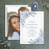 ヴィンテージネイビーブルーフローララインアートフォト結婚ズ 招待状