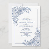ヴィンテージネイビーブルーフローララインアートフォト結婚ズ 招待状 (正面)