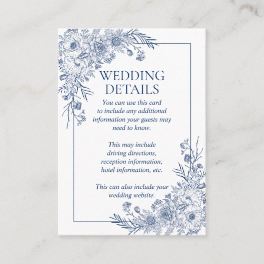 ヴィンテージネイビーブルーフローララインアート結婚ズ詳細 エンクロージャーカード (正面)