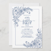 ヴィンテージネイビーブルーフローララインアート60誕生日 招待状 (正面)