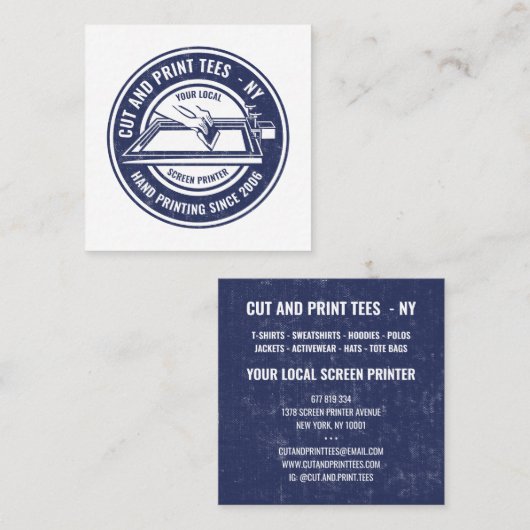 ヴィンテージネイビーブルーホワイトサークロロゴスクリーンプリンタ スクエア名刺 (正面/裏面)