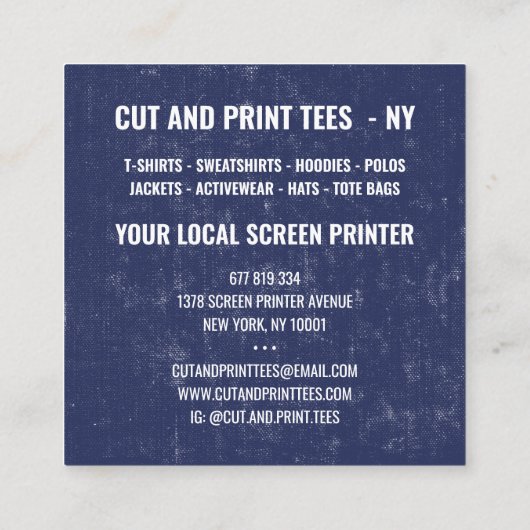 ヴィンテージネイビーブルーホワイトサークロロゴスクリーンプリンタ スクエア名刺 (裏面)