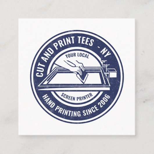 ヴィンテージネイビーブルーホワイトサークロロゴスクリーンプリンタ スクエア名刺 (正面)