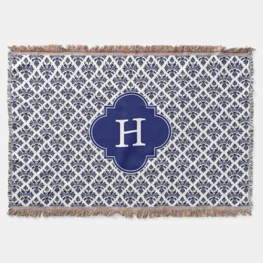 ヴィンテージネイビーブルーホワイトダマスク#3ネイビーモノグラム スローブランケット (正面)