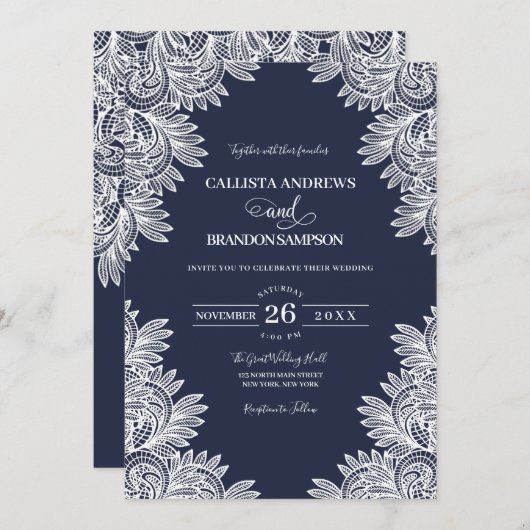ヴィンテージネイビーブルーホワイトレースカントリーウェディング 招待状 (正面/裏面)