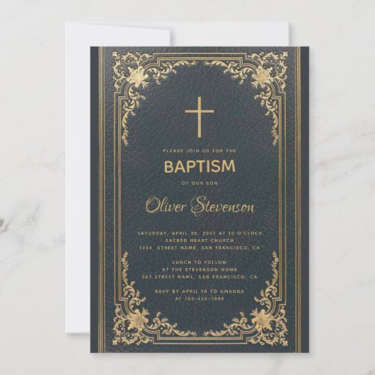 ヴィンテージネイビーブルーボーイエレガントバプテスマ 招待状 (正面)