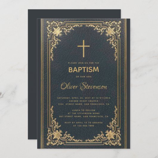 ヴィンテージネイビーブルーボーイエレガントバプテスマ 招待状 (正面/裏面)